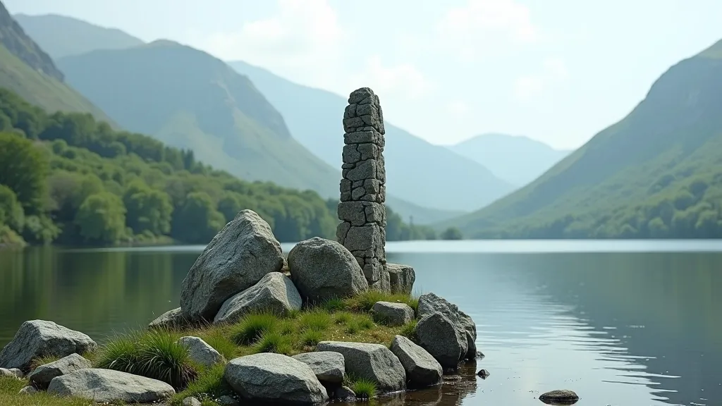 Ancient round tower standing beside calm lake water with mountains in background