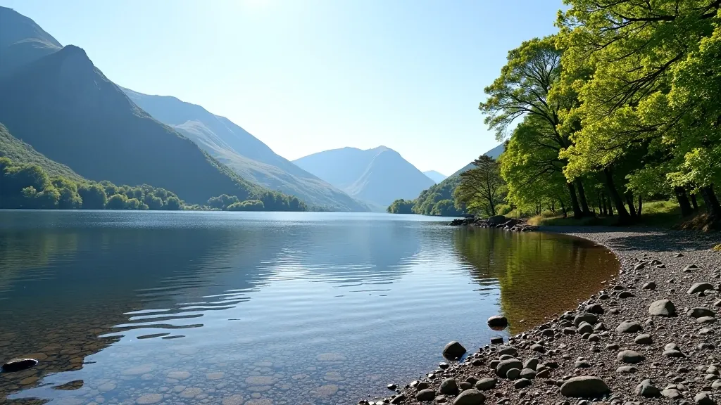 Peaceful shoreline of Muckross Lake with native woodland trees and mountain range visible in the distance across the water