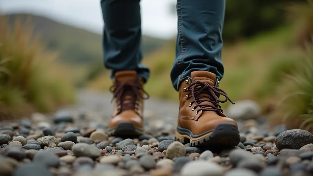 Close-up of proper hiking boots on feet standing on a rocky trail surface, well-lit outdoor setting