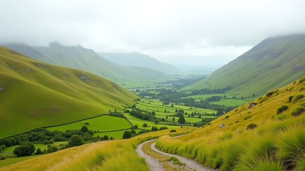 Scenic Irish mountain landscape with gentle hiking trails through rolling green hills and valley views, natural daylight, sharp focus