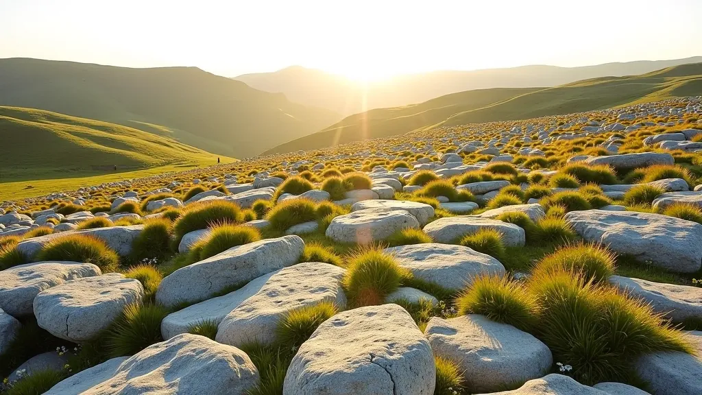 Expansive view of the Burren limestone pavement with sparse wildflowers blooming in spring, rolling terrain, County Clare