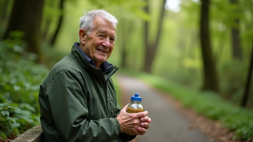 Person sitting on a weathered stone bench with a water bottle and snack, peaceful forest trail behind