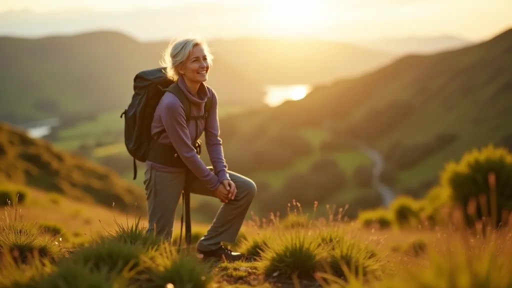 Senior person stretching on a sunny hillside with rolling green valleys in the background, warm afternoon light