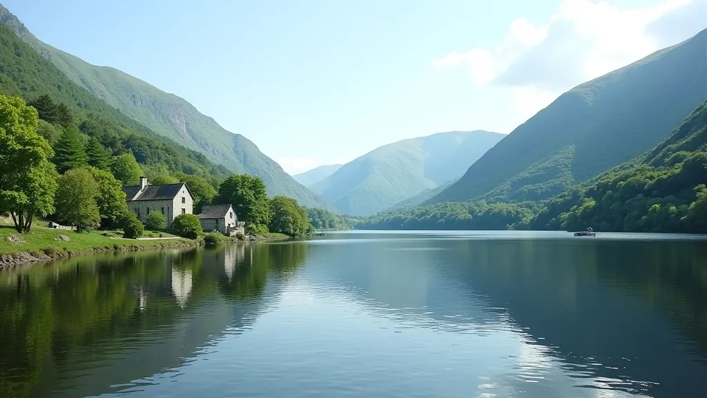 Peaceful lake view with historic stone ruins visible on far shore and forest-covered hills