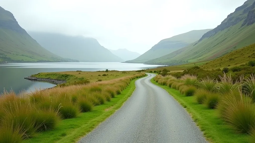 Wide walking path bordered by green vegetation with lake visible to one side and mountains beyond